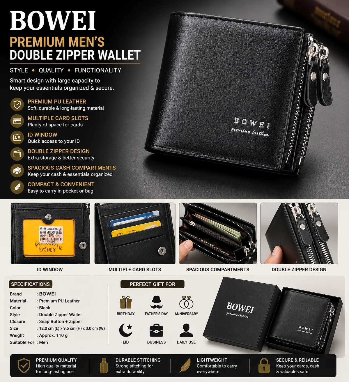 BOWEI Premium Men's Double Zipper Wallet – Black Leather Wallet