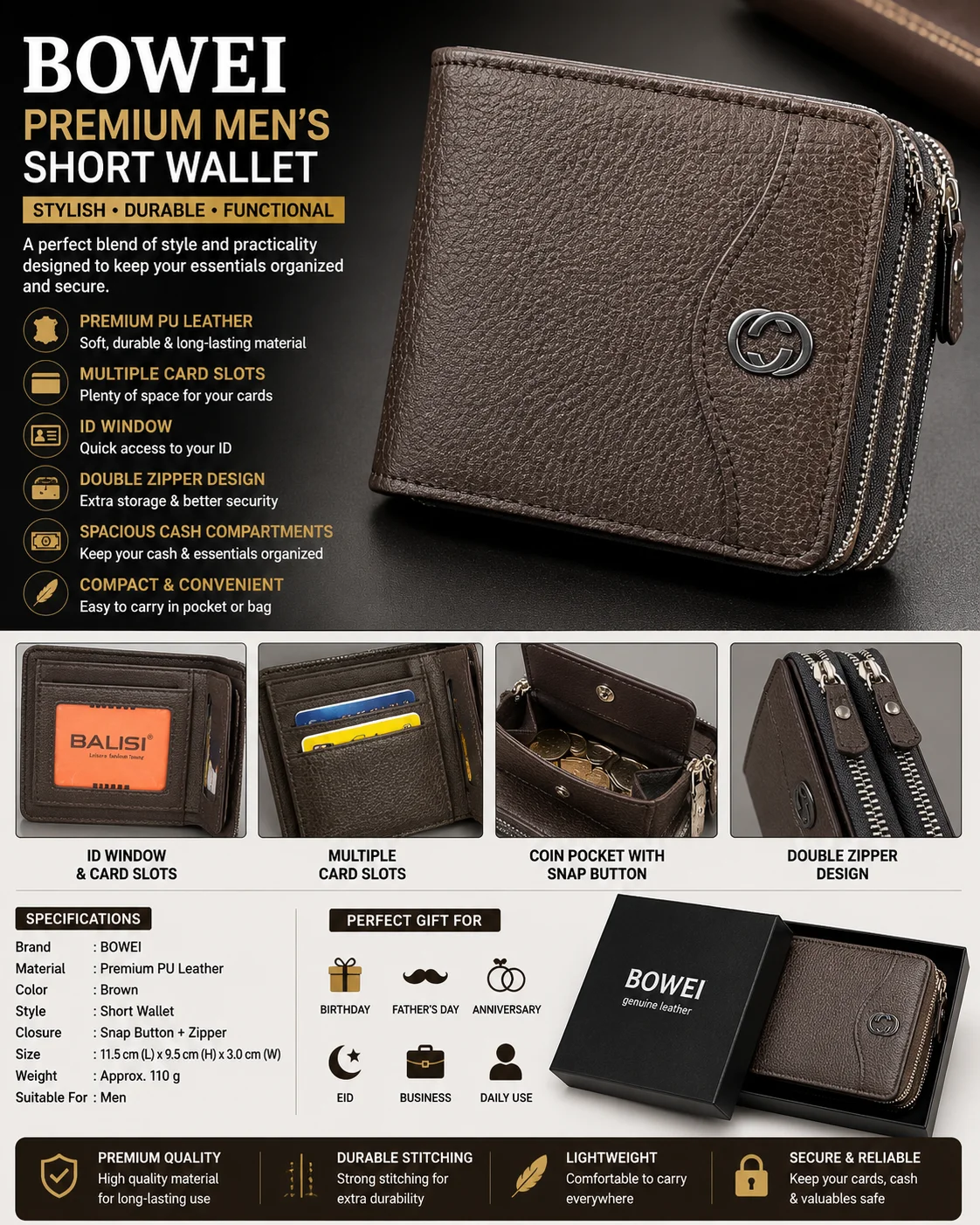 BOWEI Premium Men’s Double Zipper Wallet – Stylish & Secure Leather Wallet