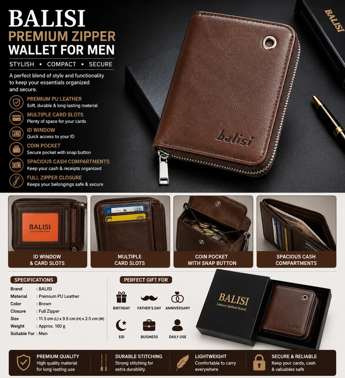 BALISI Premium Zipper Wallet for Men – Compact Leather Wallet with Coin Pocket