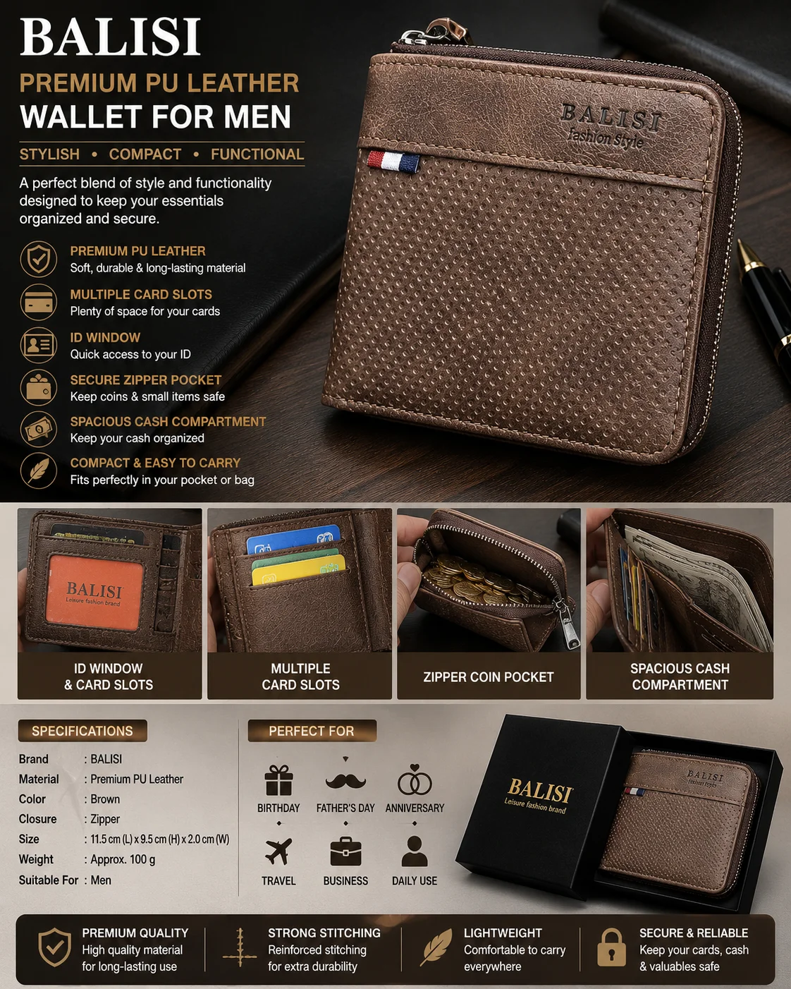 BALISI Leather Style Zip Wallet for Men – Premium Compact Wallet