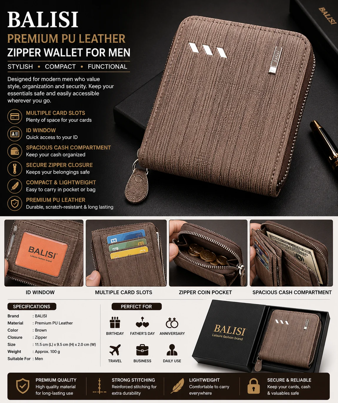 BALISI Premium Zipper Wallet for Men – Compact Brown Leather Wallet