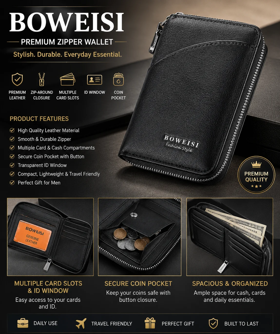 BOWEISI Premium Black Zipper Wallet for Men – Leather Card Holder