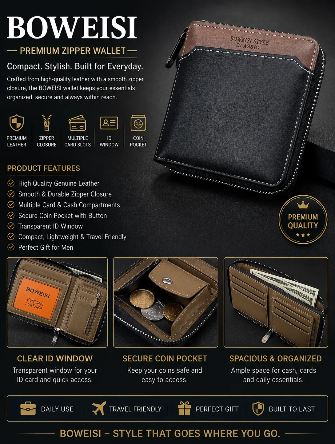 BOWEISI Classic Zip Wallet for Men – Premium Leather Wallet