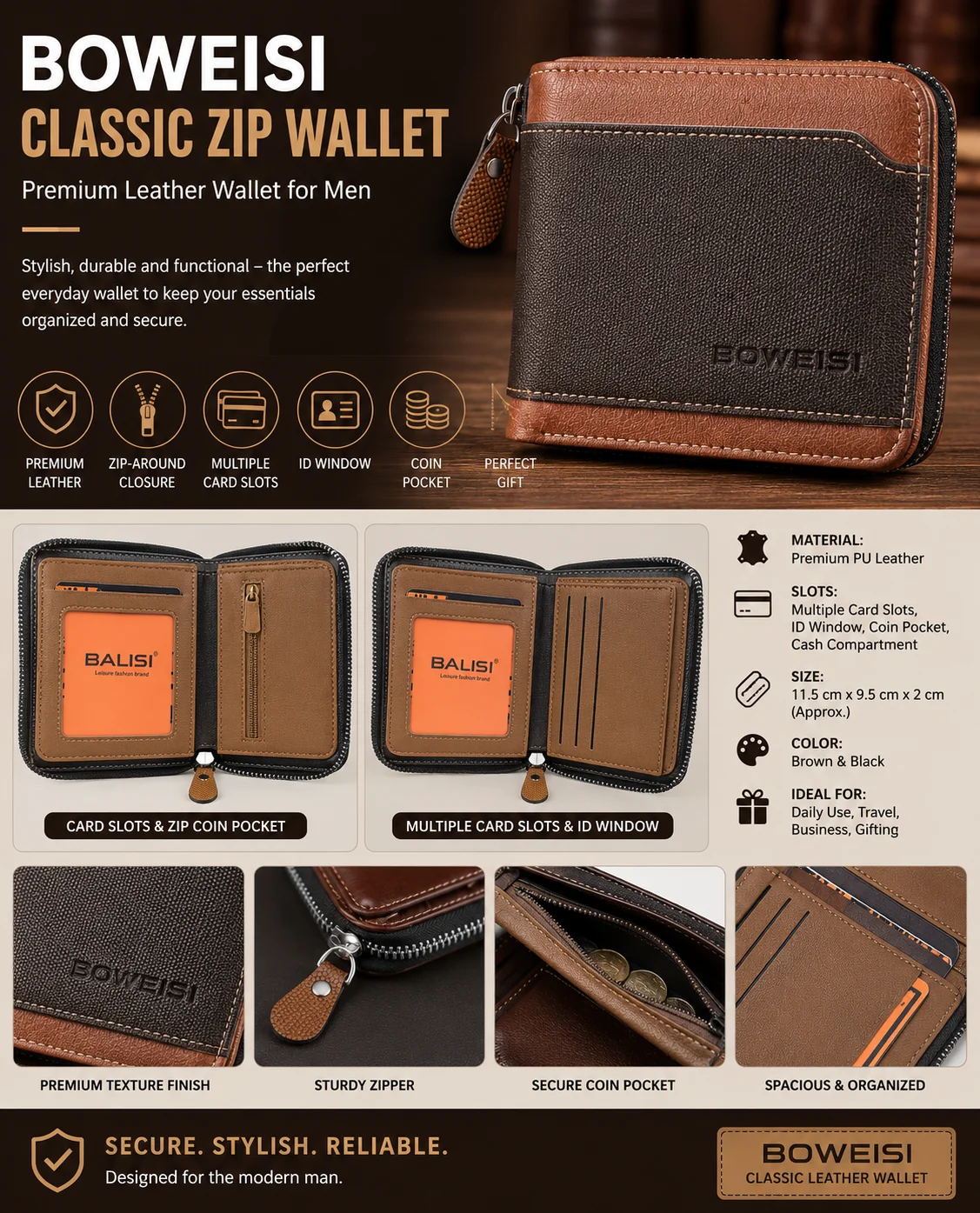 BOWEISI Premium Zip Wallet for Men – Compact Leather Wallet
