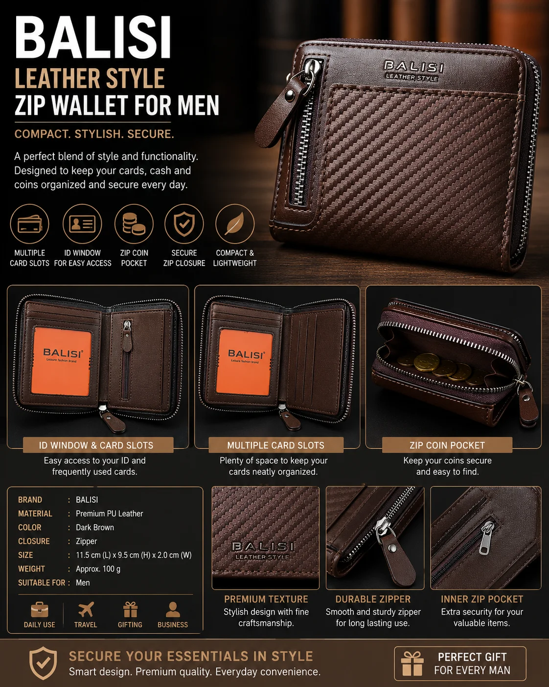 BALISI Leather Style Zip Wallet for Men – Compact Wallet