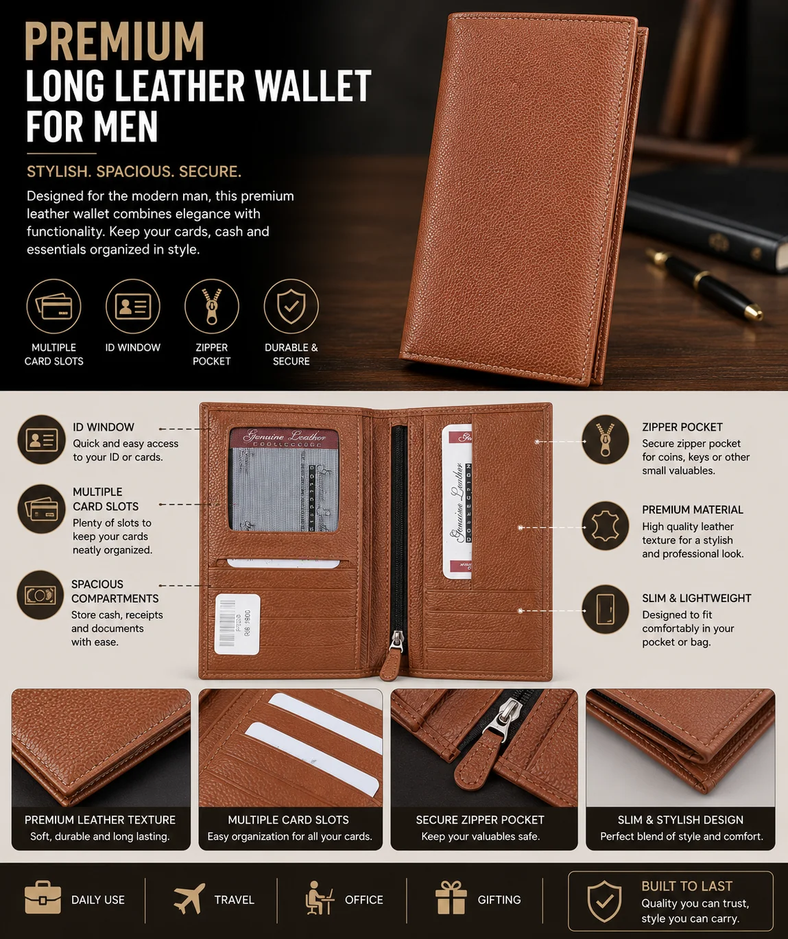 Premium Long Leather Wallet for Men – Multi Card Holder & Zipper Pocket