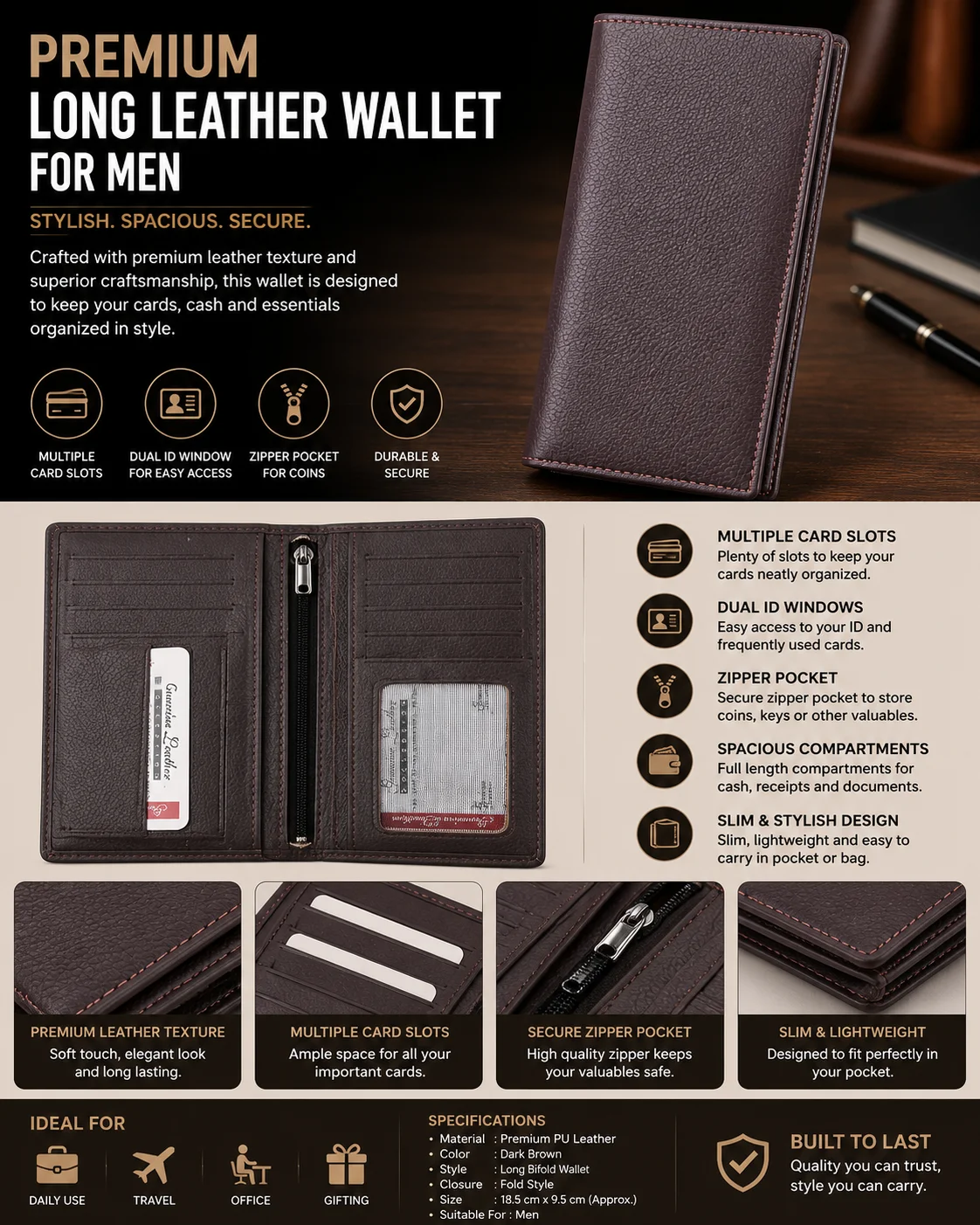 Premium Long Leather Wallet for Men – Multi Card Holder with Under Zipper Pocket