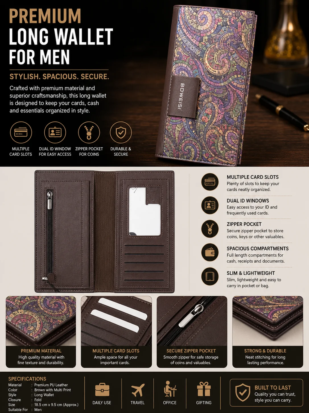 BOWEISI Premium Long Wallet for Men – Multi Card Holder, ID Window & Zipper Pocket