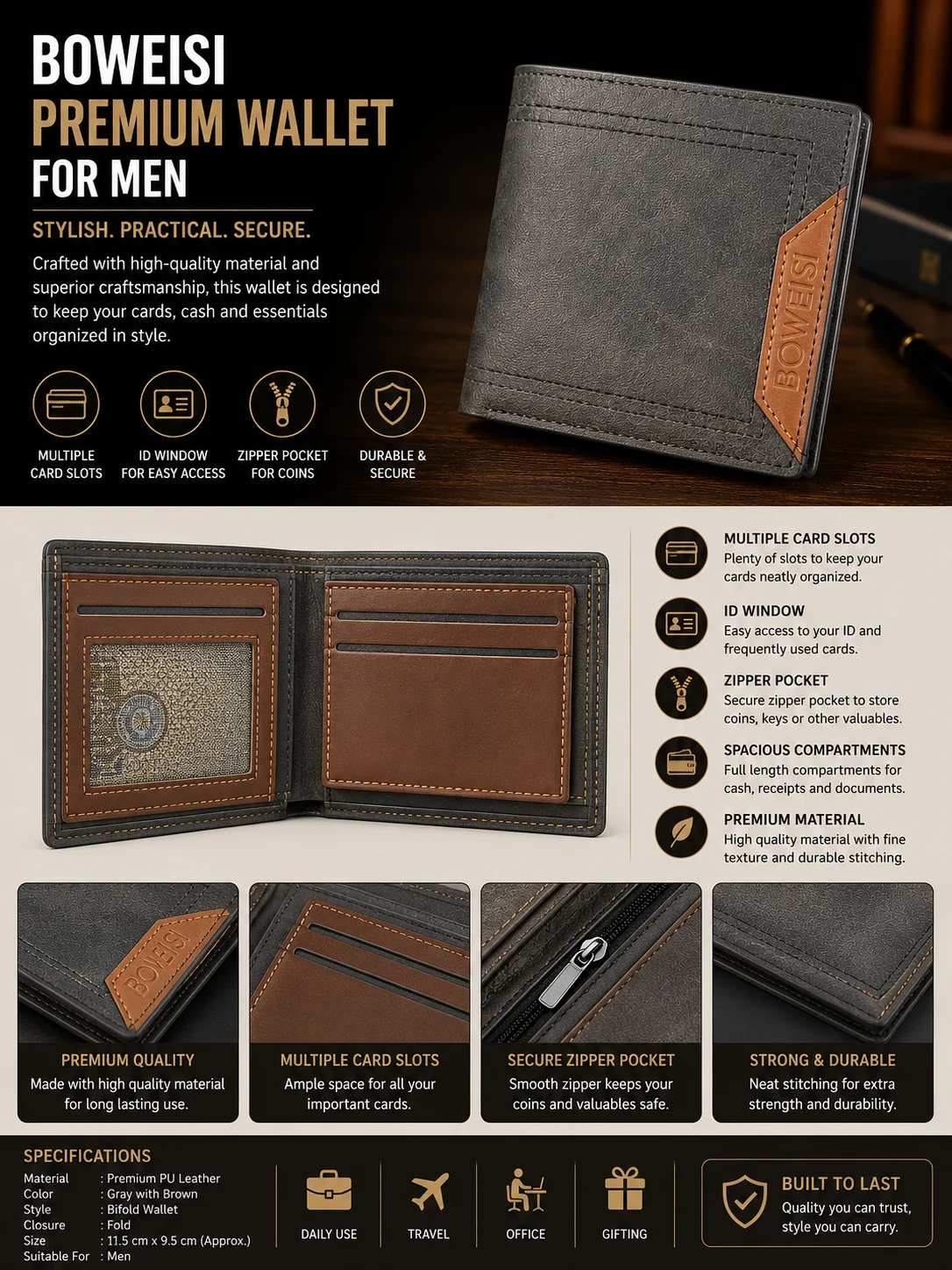 BOVEISI Men's Slim Bifold Wallet – Premium Leather Card Holder with ID Window