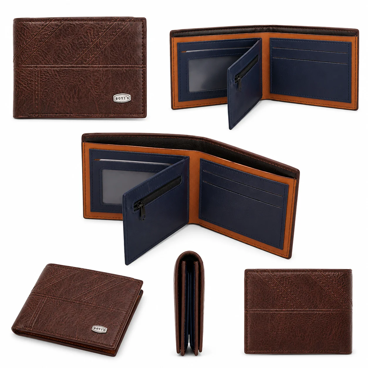 BOVI'S Premium Men's Leather Bifold Wallet with ID Window & Zipper Pocket