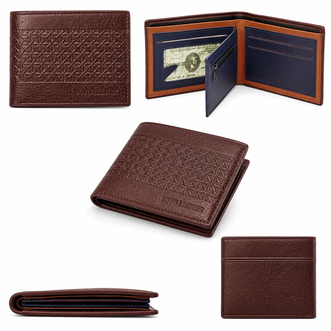 BOVI'S Leather Premium Men's Bifold Wallet with ID Window & Zipper Pocket
