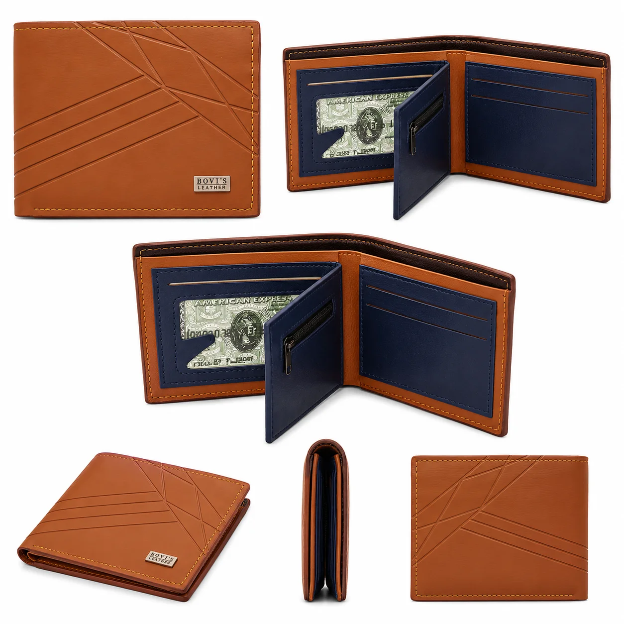 BOVI'S Leather Men's Bi-Fold Wallet – Brown & Navy | Premium Stylish Wallet